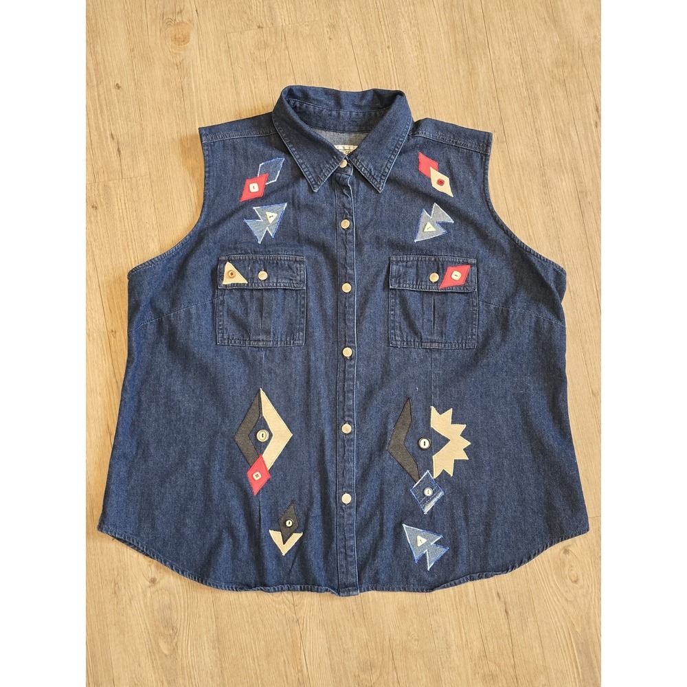Handmade‎ Vintage 80's Dark Wash Denim Patchwork Prairies Canada Scene  Vest L